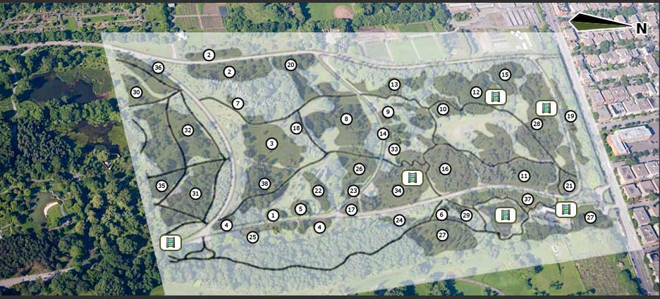 Aerial photo of the Arboretum of the Jardin botanique de Montréal, with a map of its different collections