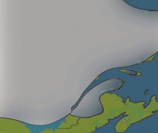 Dessin d'un glacier continental sur le sud du Québec, il y a 12 500 ans