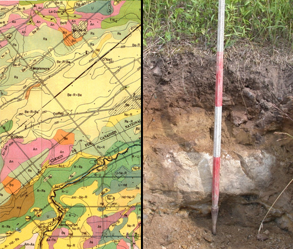 Photomontage of a soil map and a hole in the ground