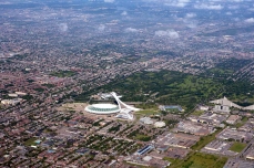 Aerial photo of the Jardin botanique de Montréal, the Olympic Stadium, and their surroundings